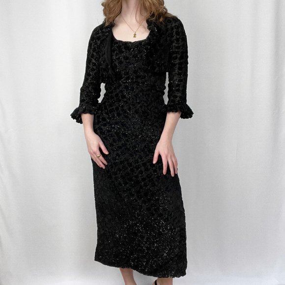 Rare Vintage Jean Muir London Sparkle Glitter Velvet Midi Maxi Dress Blazer Set - Picture 3 of 9